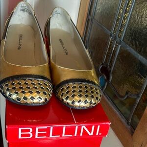 Bellini Gold and Black Flats with Elegant Woven Design